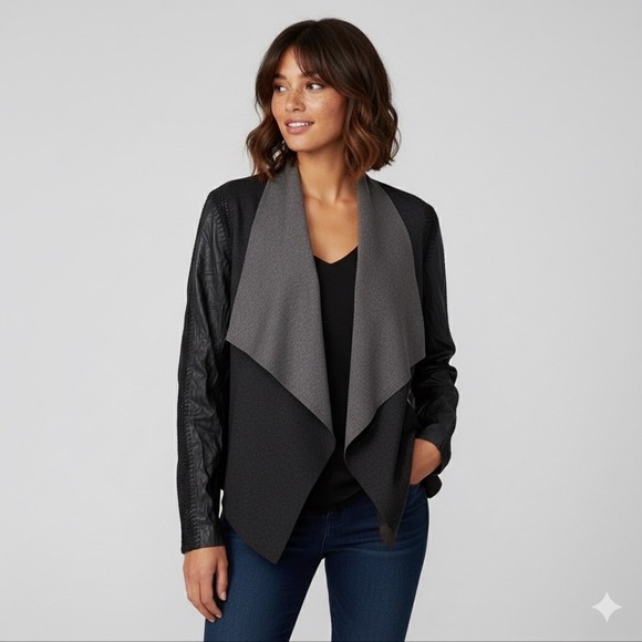 Stella & Jamie Jackets & Blazers - Stella Jamie Women's Small Black Gray Leather Drape Front Jacket Cardigan Minim